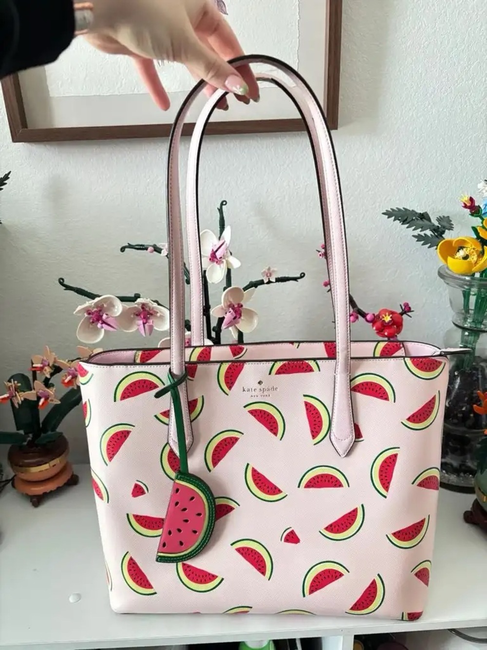 kate spade Pink Watermelon Print Tote with Green Charm